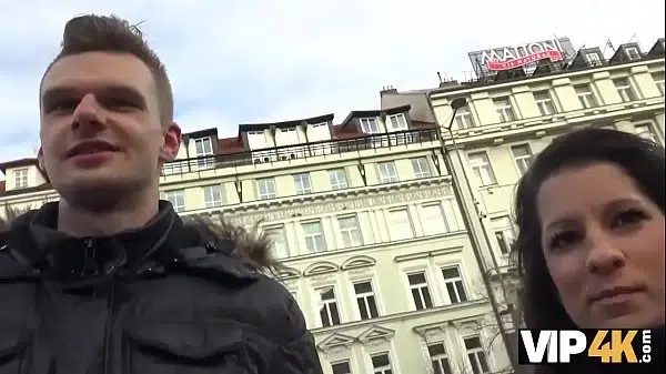 VIP4k. Busty brunette gets her shaved cunt fucked for cash