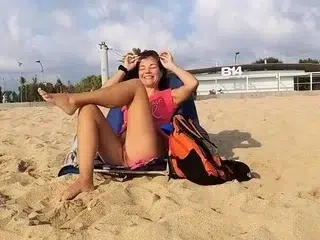 Flashing Hairy Pussy by Taking Off Panties at the Beach Suns
